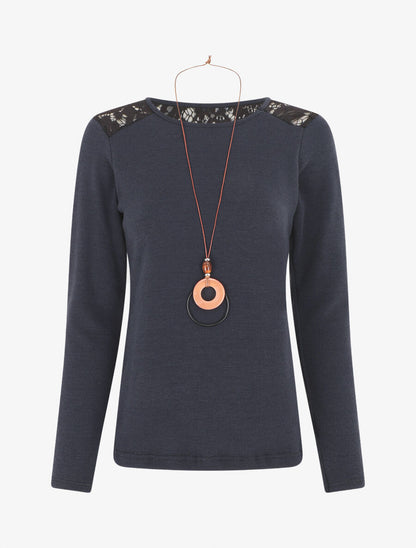 Pull droit uni épaules en dentelle - Marine - 4