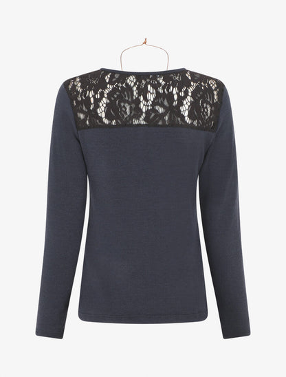 Pull droit uni épaules en dentelle - Marine - 2