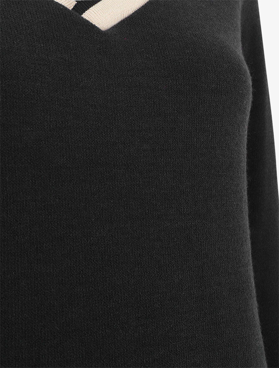Pull droit uni col V contrastant - Noir - 3
