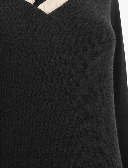Pull droit uni col V contrastant - Noir - 3