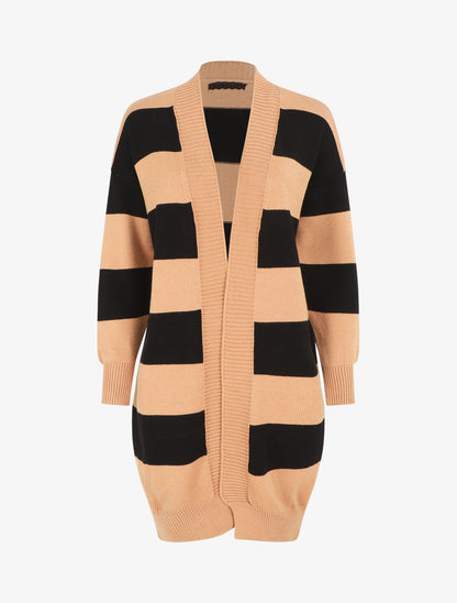 Gilet long rayé coupe droite - Camel - 1