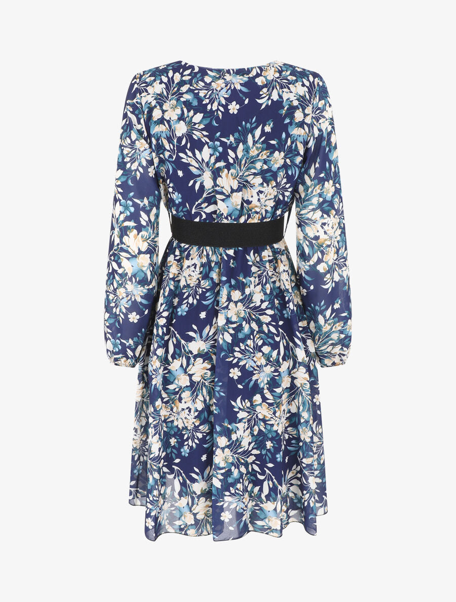Robe mi-longue évasée motif floral - Marine - 2