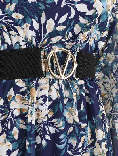 Robe mi-longue évasée motif floral - Marine - 3