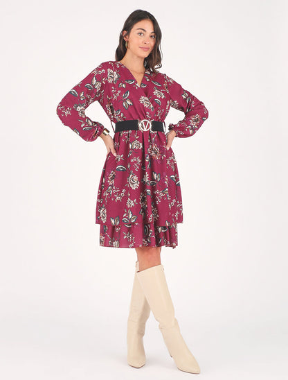 Robe volantée à imprimé fleuri - Bordeaux - 4