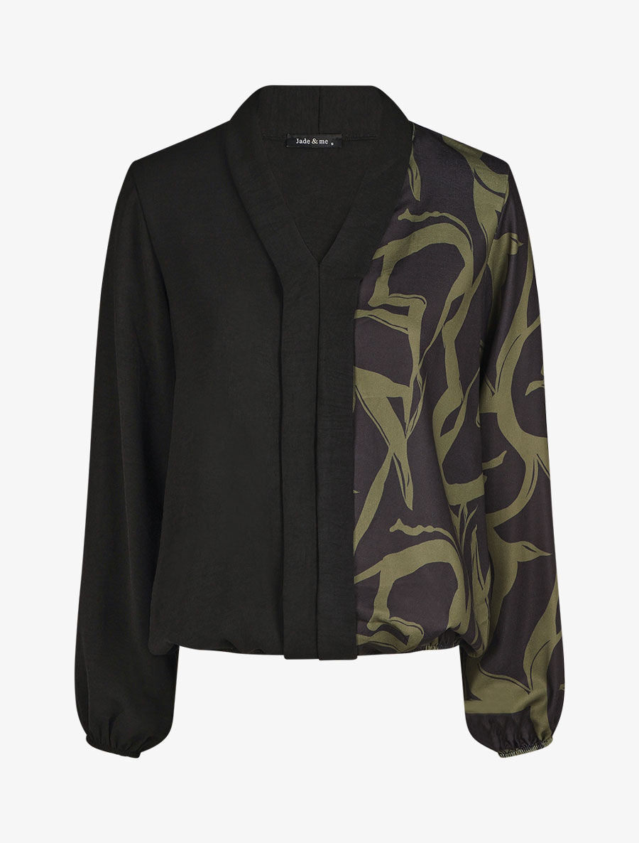 Blouse droite bi-colore et col V - Kaki - 6