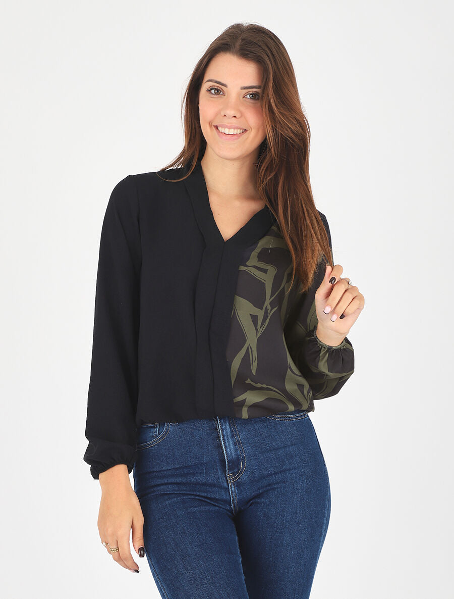 Blouse droite bi-colore et col V - Kaki - 4