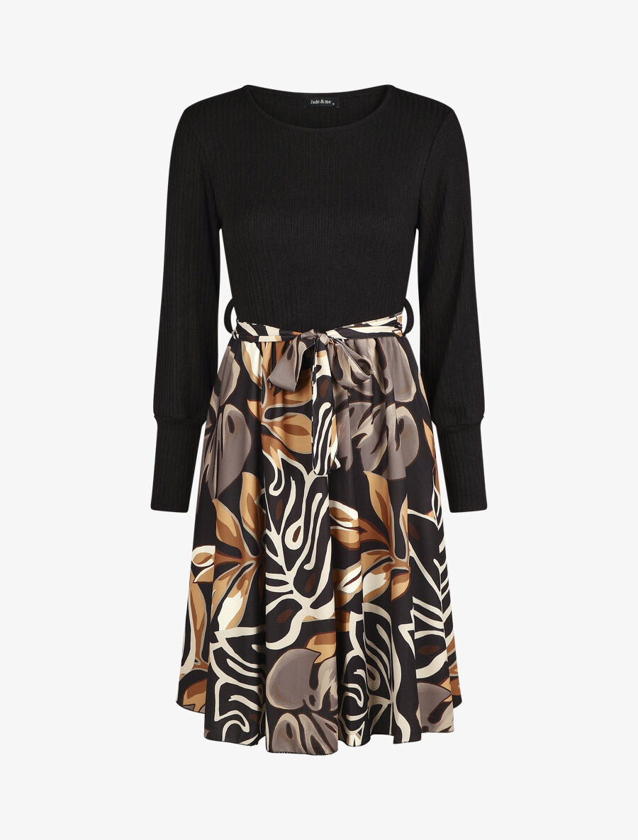Robe fluide bi-matière imprimé fleuri - Noir - 4