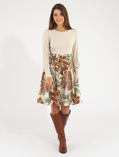 Robe fluide bi-matière imprimé fleuri - Beige - 4