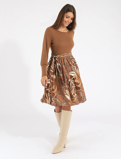 Robe fluide bi-matière imprimé fleuri - Camel - 4
