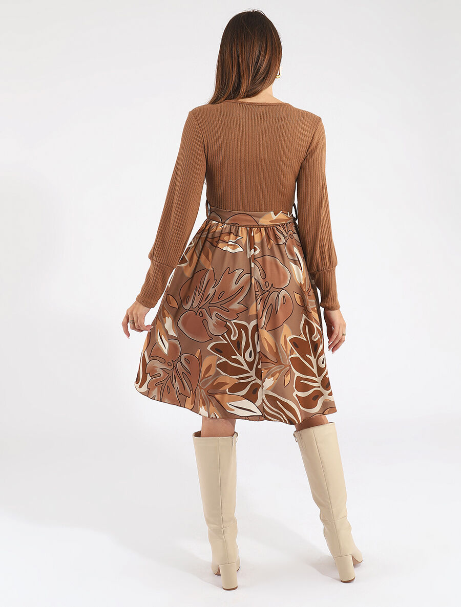 Robe fluide bi-matière imprimé fleuri - Camel - 5
