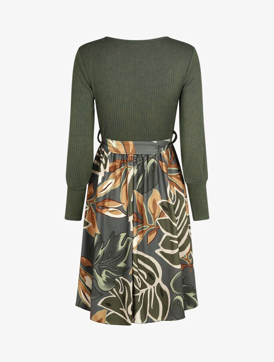 Robe fluide bi-matière imprimé fleuri - Kaki - 2