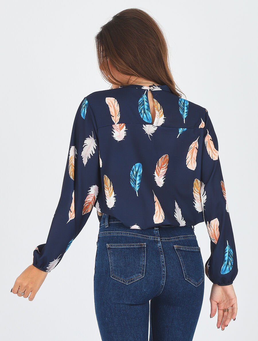 Blouse à imprimé plume - Marine - 5