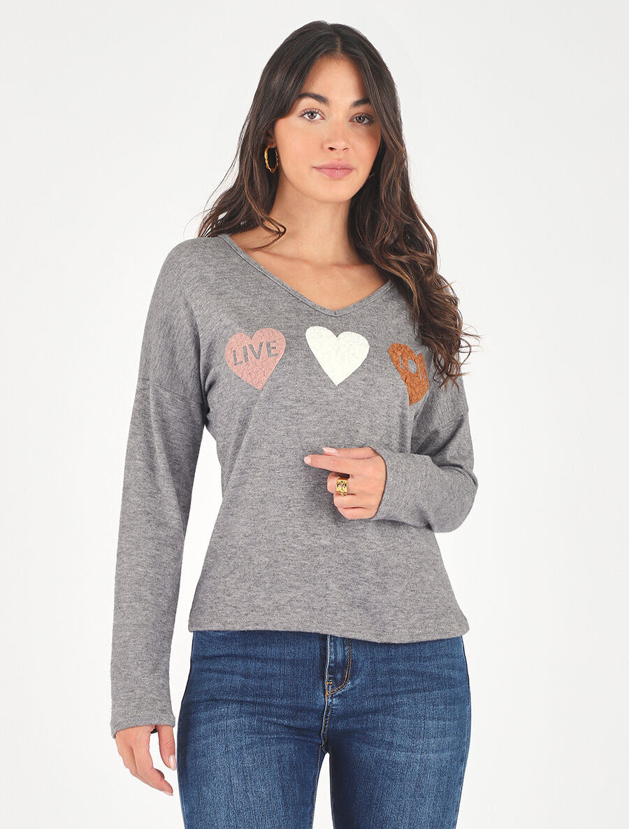 Pull droit motif coeur LIVE LOVE - Gris - 4