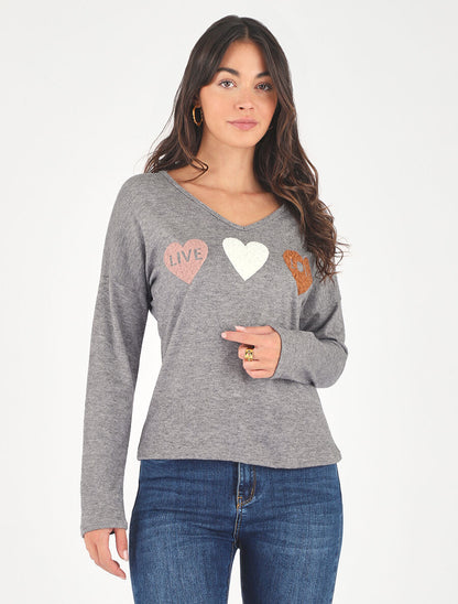 Pull droit motif coeur LIVE LOVE - Gris - 4