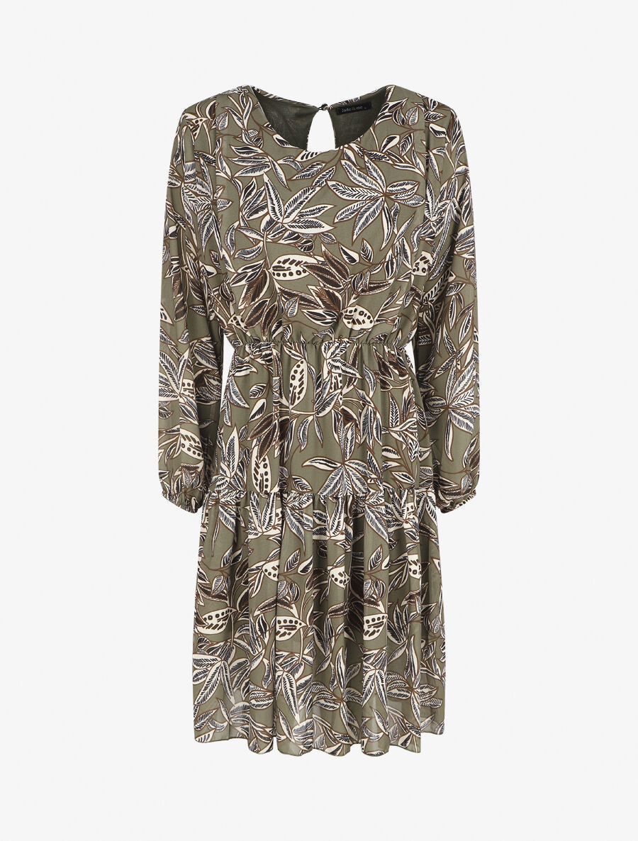 Robe évasée imprimé feuilles - Kaki - 1