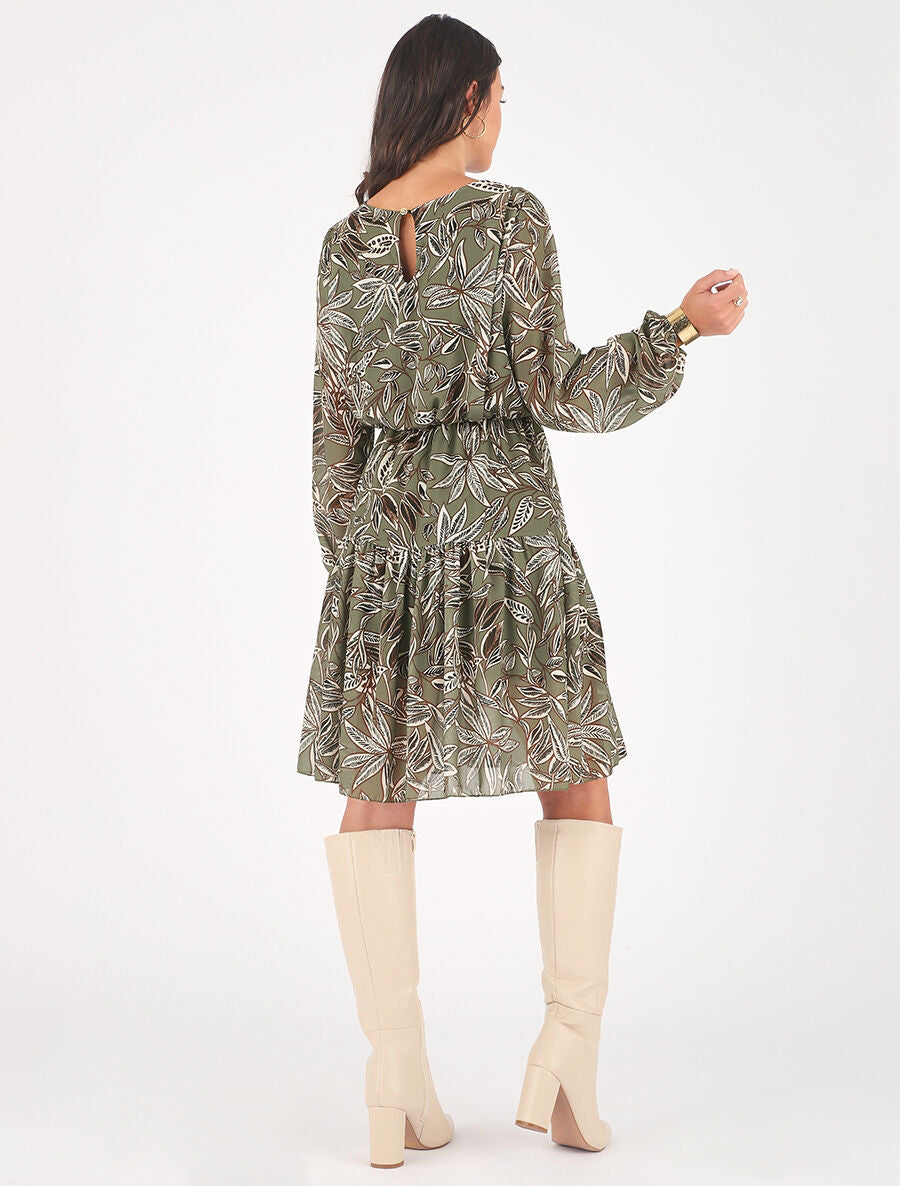 Robe évasée imprimé feuilles - Kaki - 5