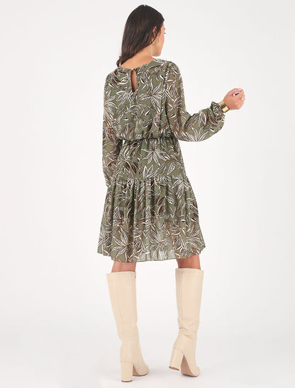 Robe évasée imprimé feuilles - Kaki - 5