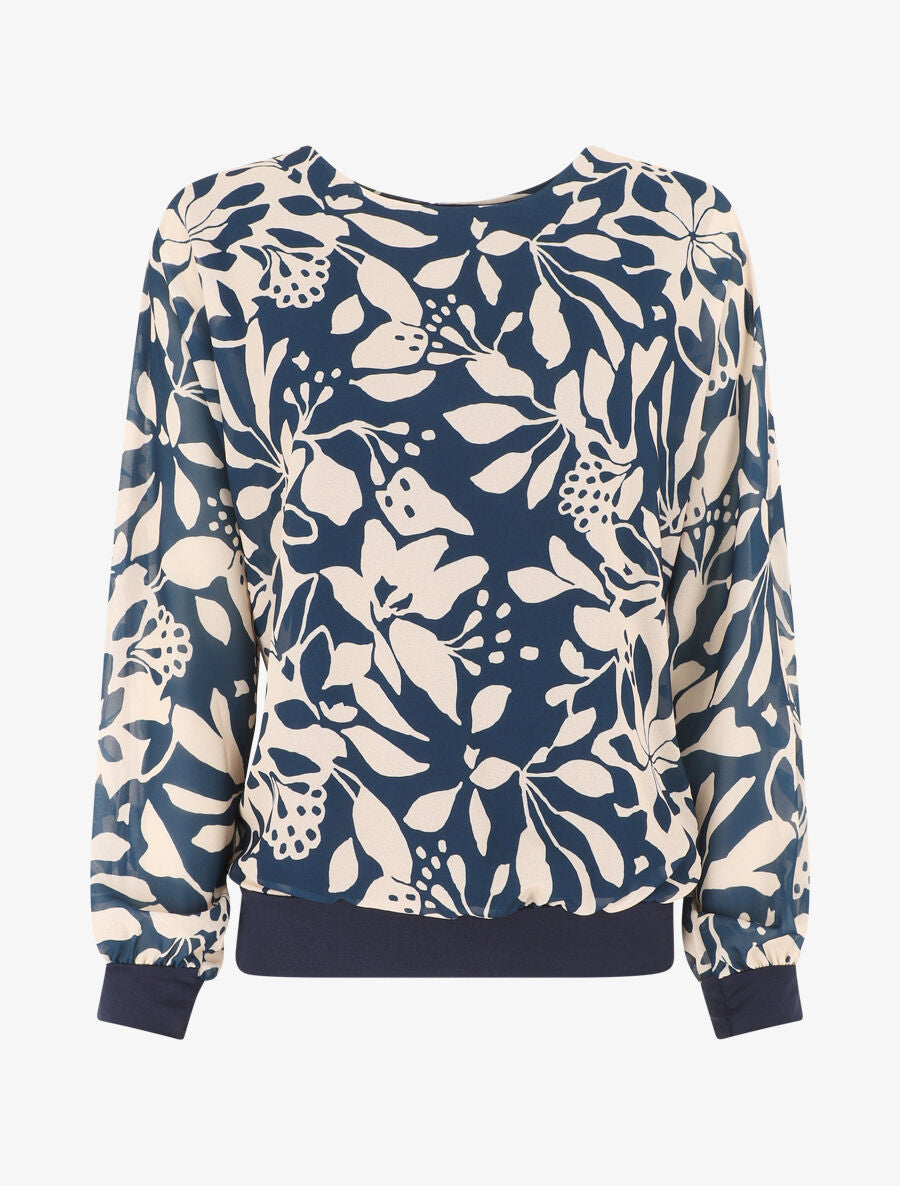 Blouse en voile imprimé fleuri - Marine - 1