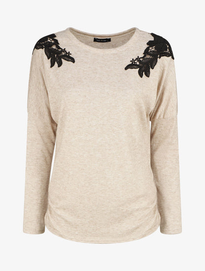 Pull droit empiècements crochet - Beige - 1