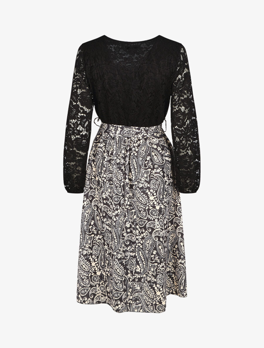Robe évasée dentelle et imprimé cachemire - Noir - 2