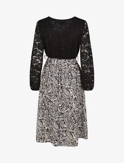Robe évasée dentelle et imprimé cachemire - Noir - 2