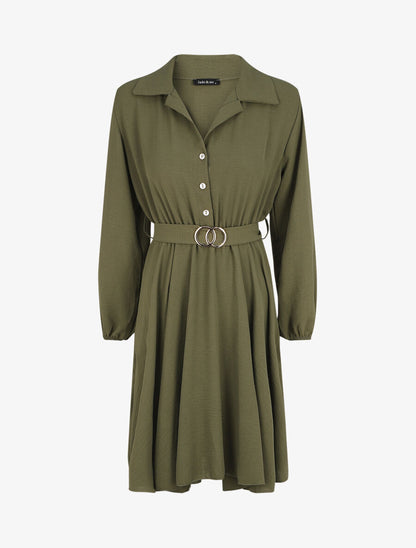 Robe chemise évasée unie - Kaki - 1