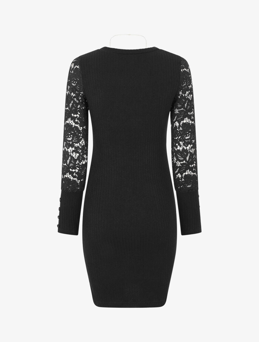 Robe pull à manches en dentelle - Noir - 2
