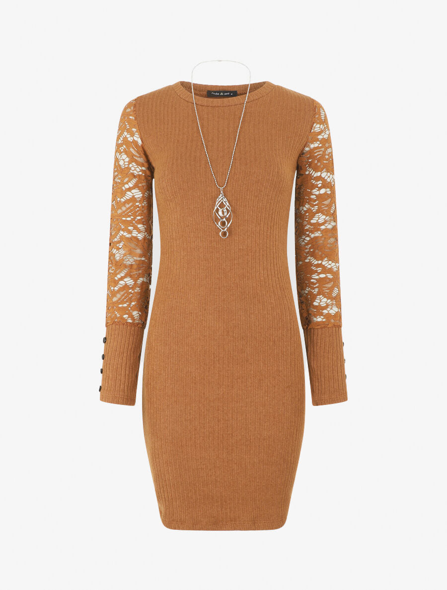 Robe pull à manches en dentelle - Marron - 7