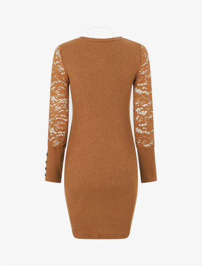 Robe pull à manches en dentelle - Marron - 2