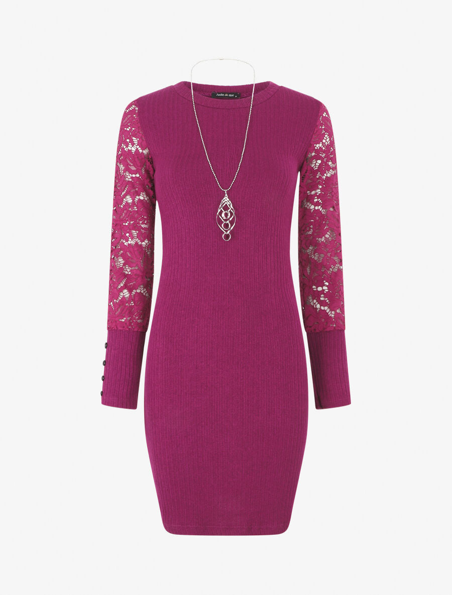 Robe pull à manches en dentelle - Violine - 1
