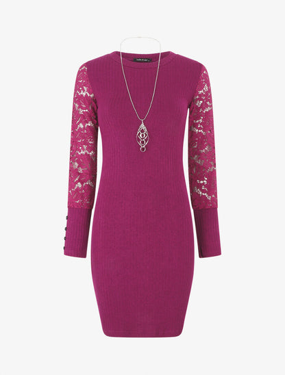 Robe pull à manches en dentelle - Violine - 1