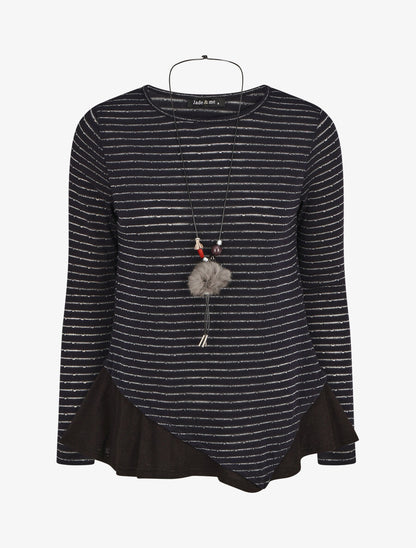 Pull droit rayé bords à volants - Marine - 1