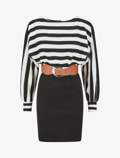 Robe courte ajustée bi-matière à rayures - Noir/blanc - 1