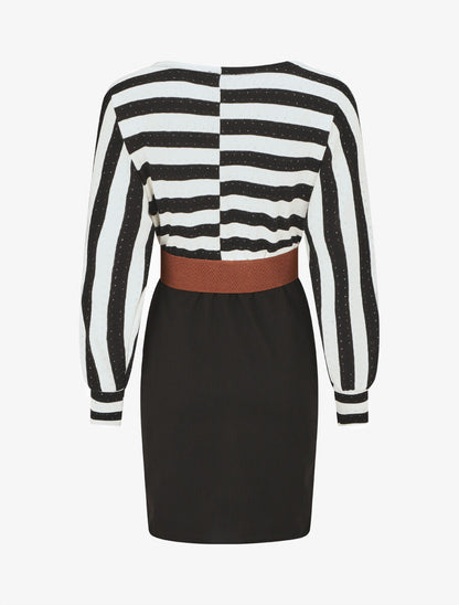 Robe courte ajustée bi-matière à rayures - Noir/blanc - 2