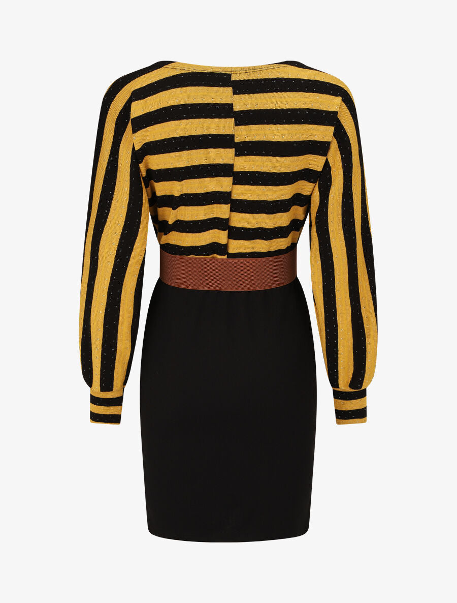 Robe courte ajustée bi-matière à rayures - Moutarde - 2