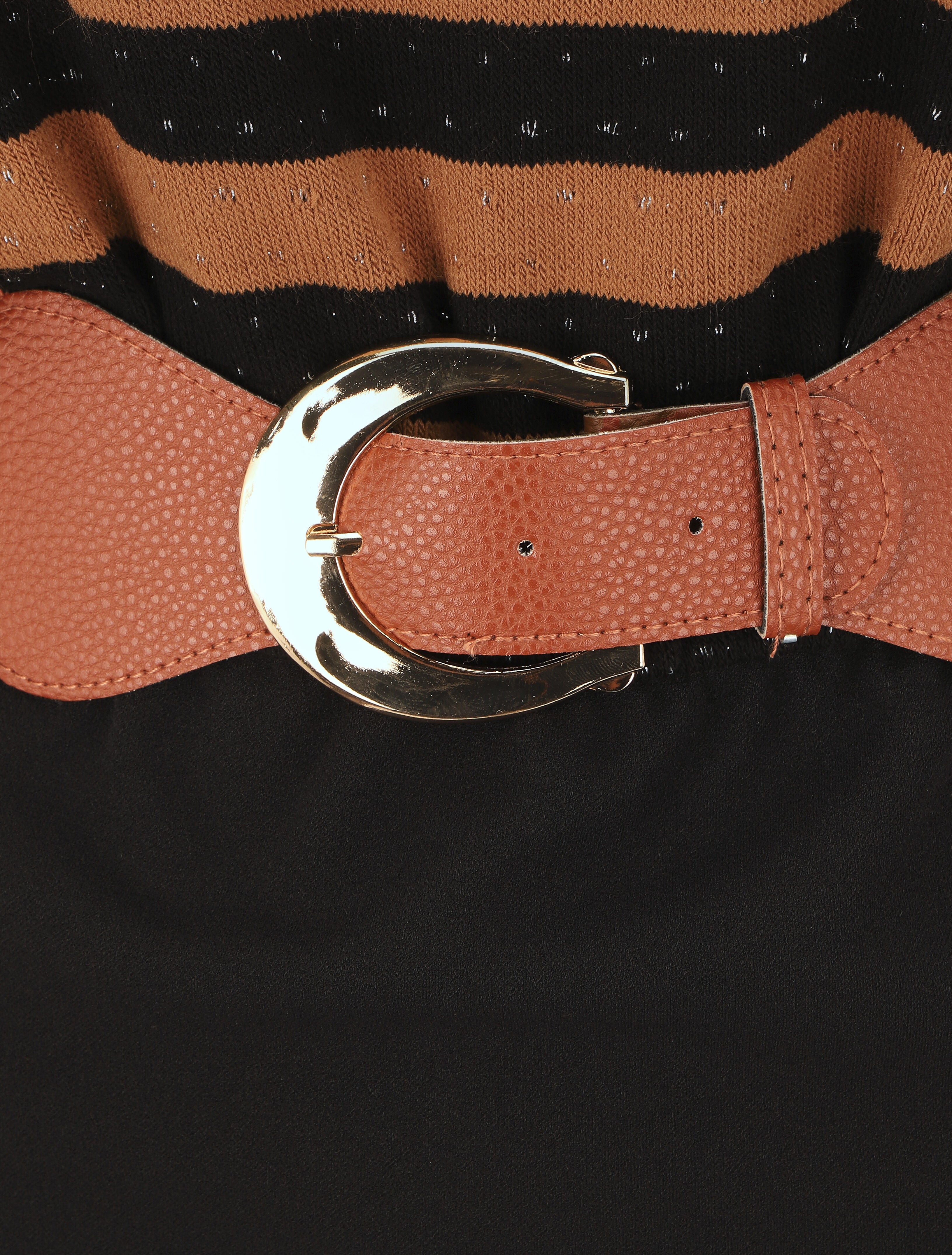 Robe courte ajustée bi-matière à rayures - Camel - 3