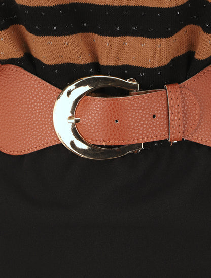 Robe courte ajustée bi-matière à rayures - Camel - 3