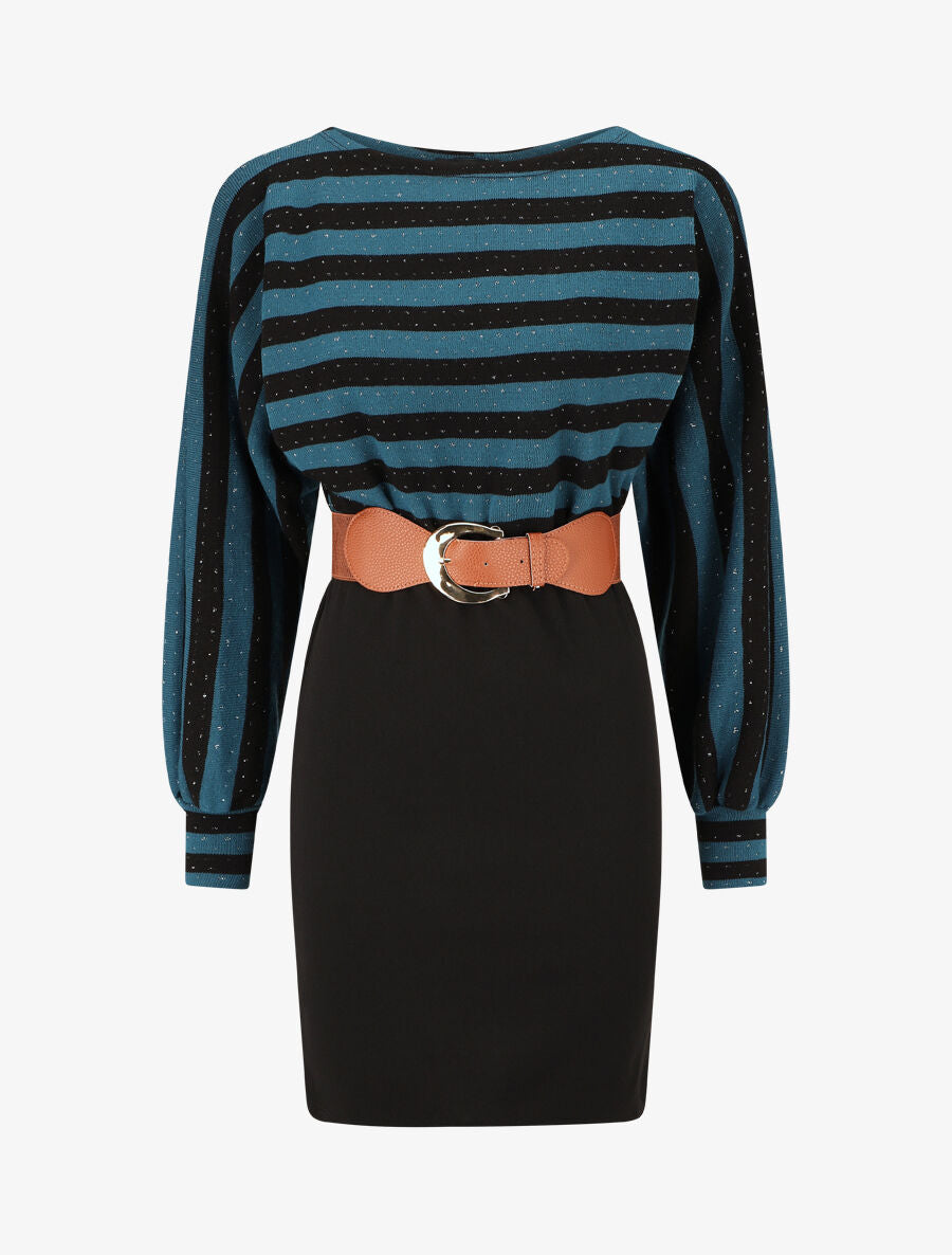 Robe courte ajustée bi-matière à rayures - Bleu canard - 1