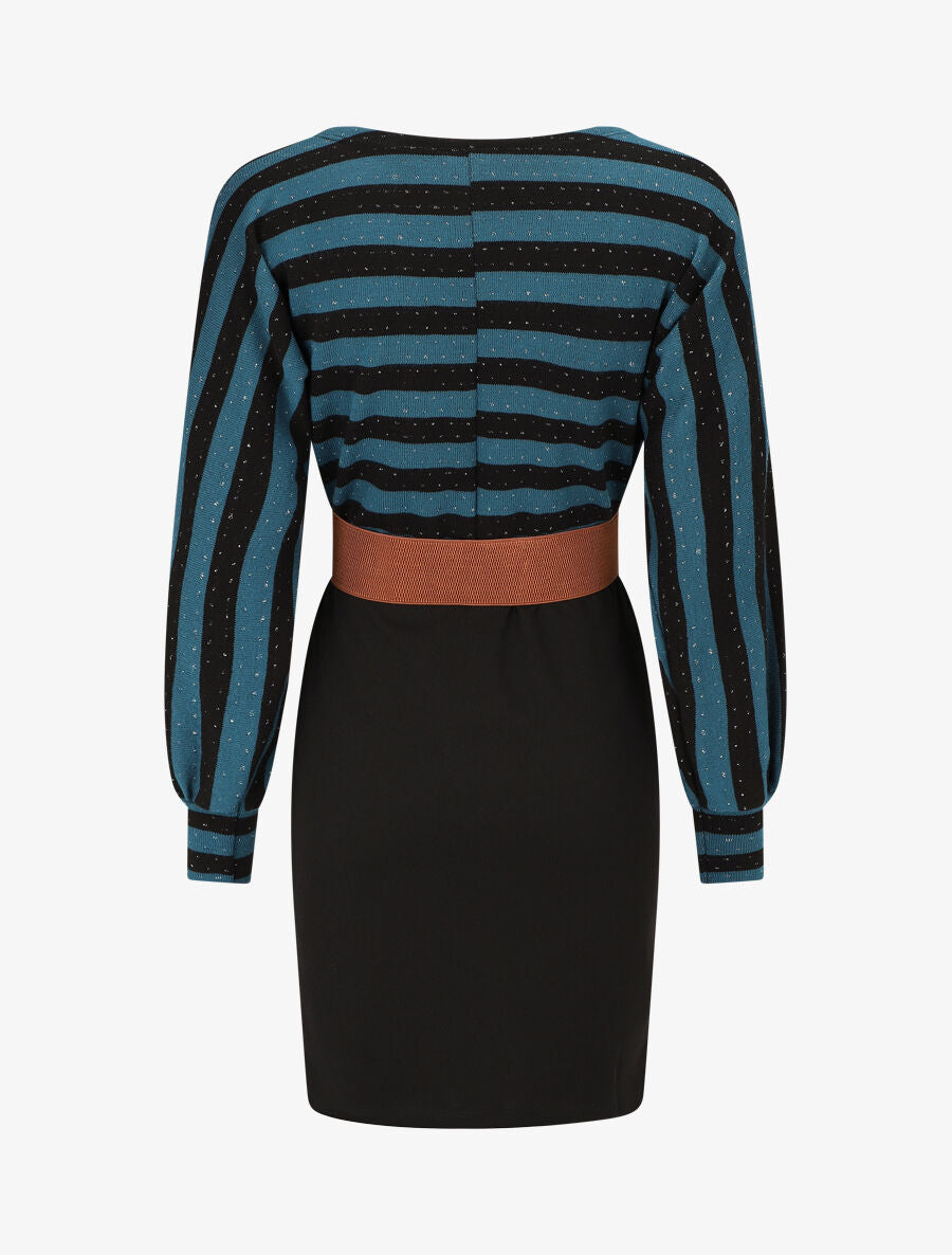 Robe courte ajustée bi-matière à rayures - Bleu canard - 2