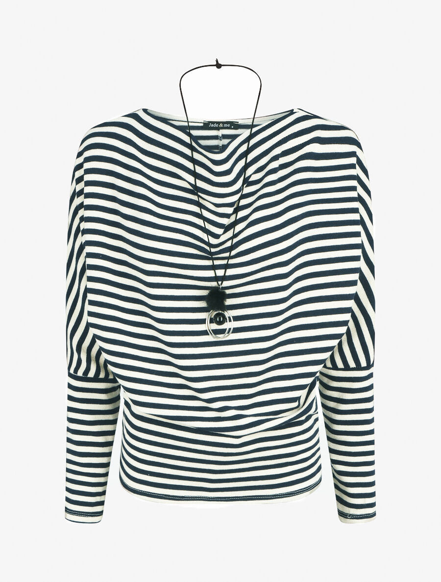 Pull droit rayé col bénitier - Marine - 1