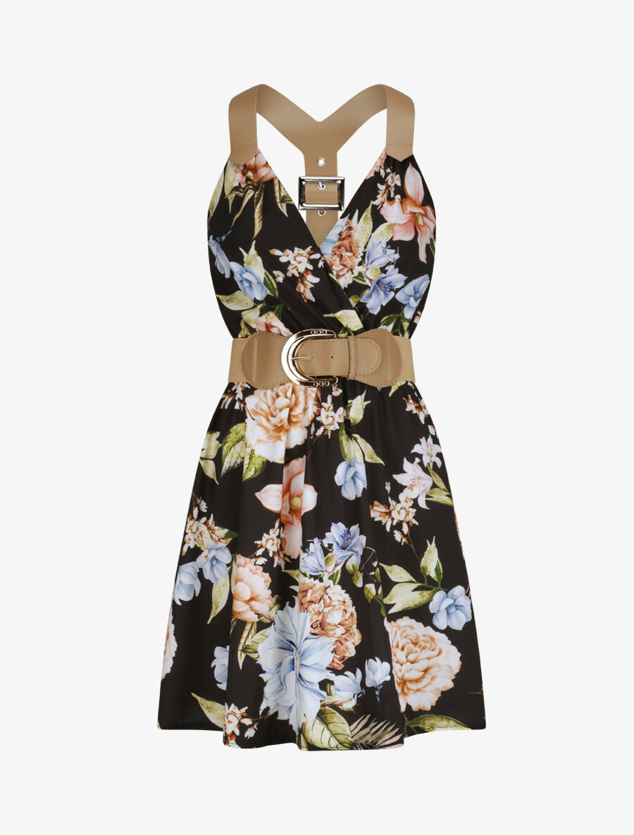 Robe patineuse courte imprimé fleuri à bretelles stylisées - Noir - 1