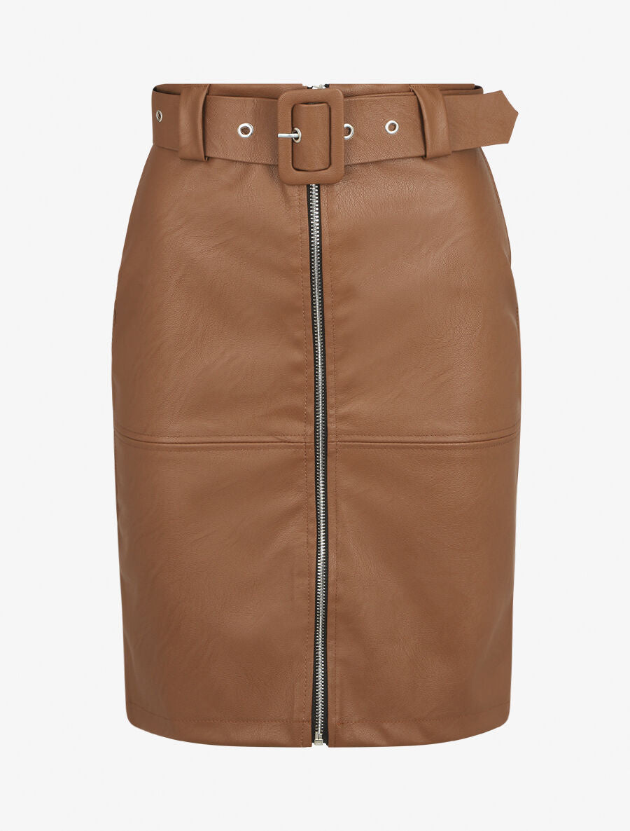 Jupe ajustée taille haute en simili - Marron - 5