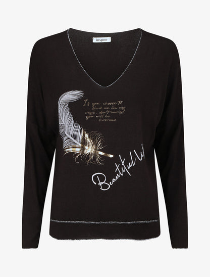 Pull ample col V motif plumes - Noir - 1