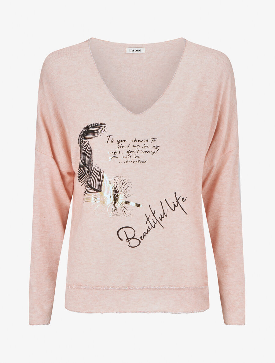 Pull ample col V motif plumes - Rose - 1