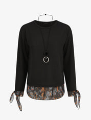Pull fin bi-matière à imprimé fleuri - Noir - 1