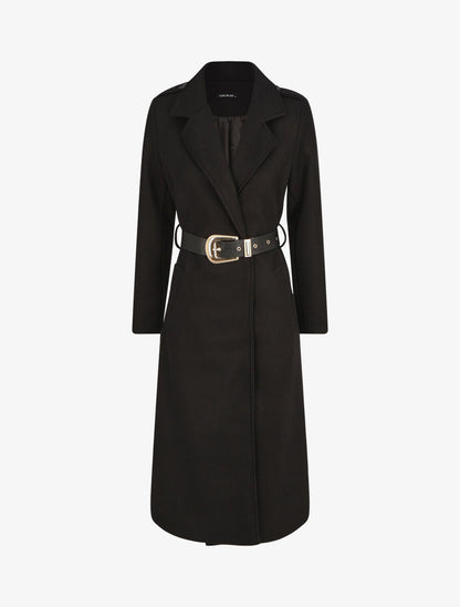 Manteau long droit à ceinture - Noir - 1