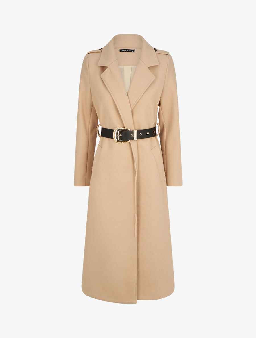 Manteau long droit à ceinture - Beige - 1