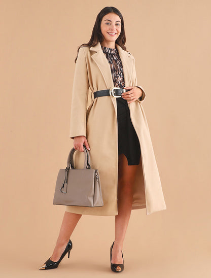 Manteau long droit à ceinture - Beige - 4