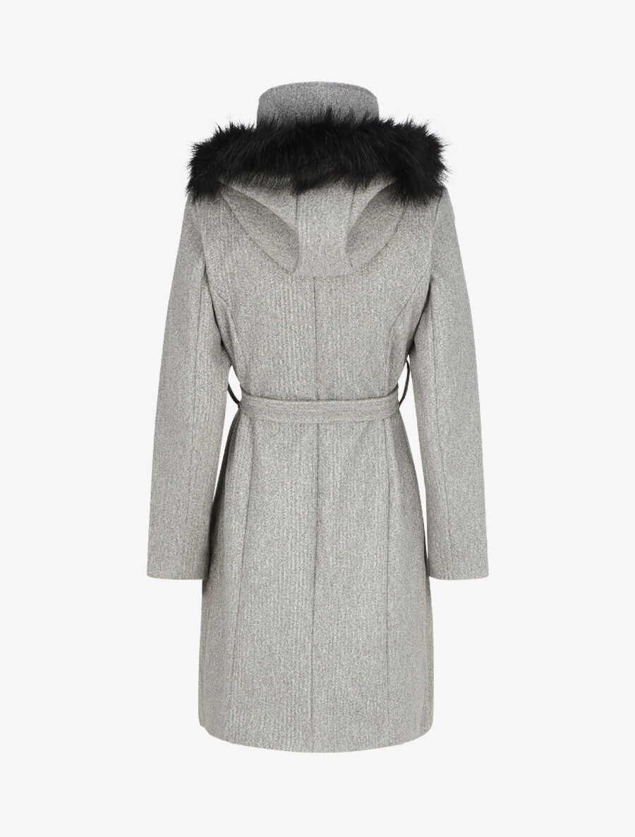 Manteau long capuche à fourrure - Gris - 2