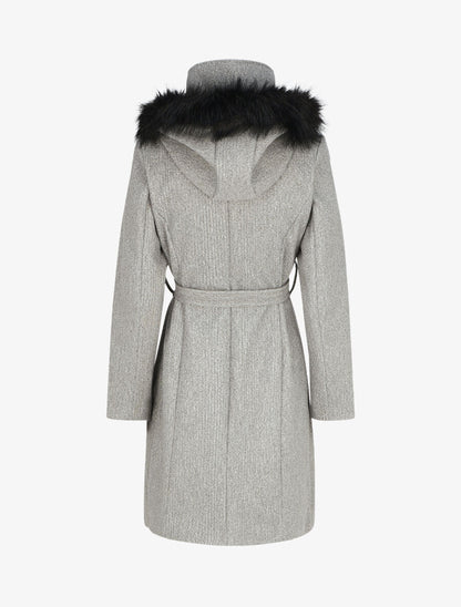 Manteau long capuche à fourrure - Gris - 2